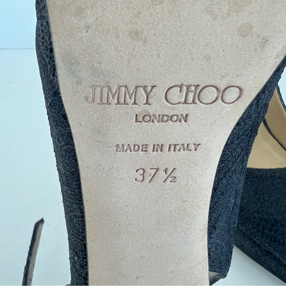 JIMMY CHOO Black Textured Fabric Lace Side Buckle Peep Toe Heel Sandals Sz 37.5 - Picture 9 of 11